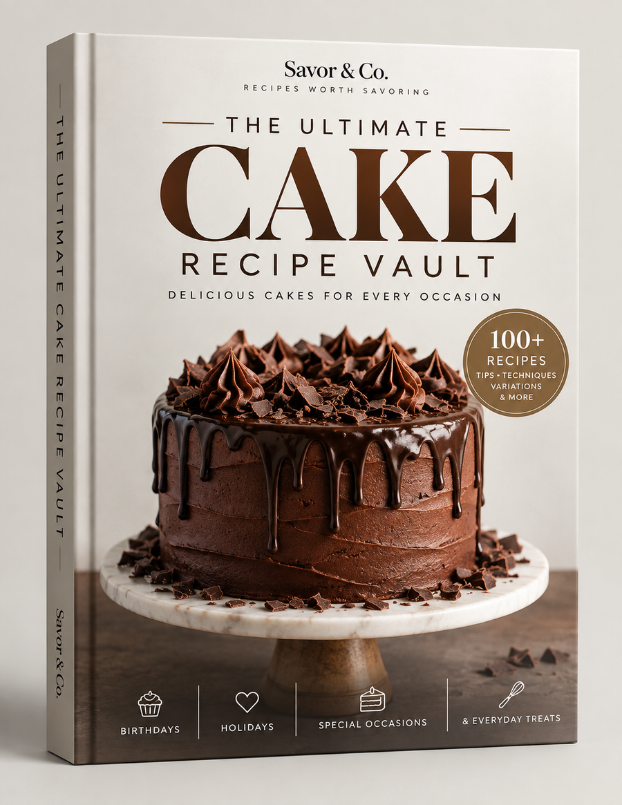 The Ultimate Cake Recipe Vault by Savor & Co., shown as a premium chocolate-cake book cover